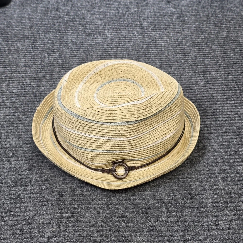 C.C Exclusives Straw Fedora Hat Women's Beige Blue Striped Summer Beach Sun Hat